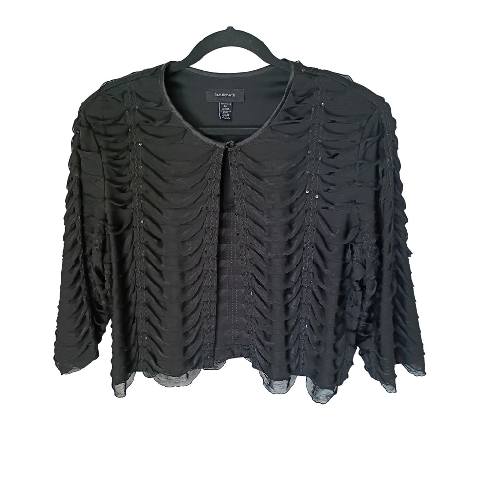 R&M Richards Womens XL Black Sequin Ruffle Mesh Evening Jacket 3/4 Sleeve Formal